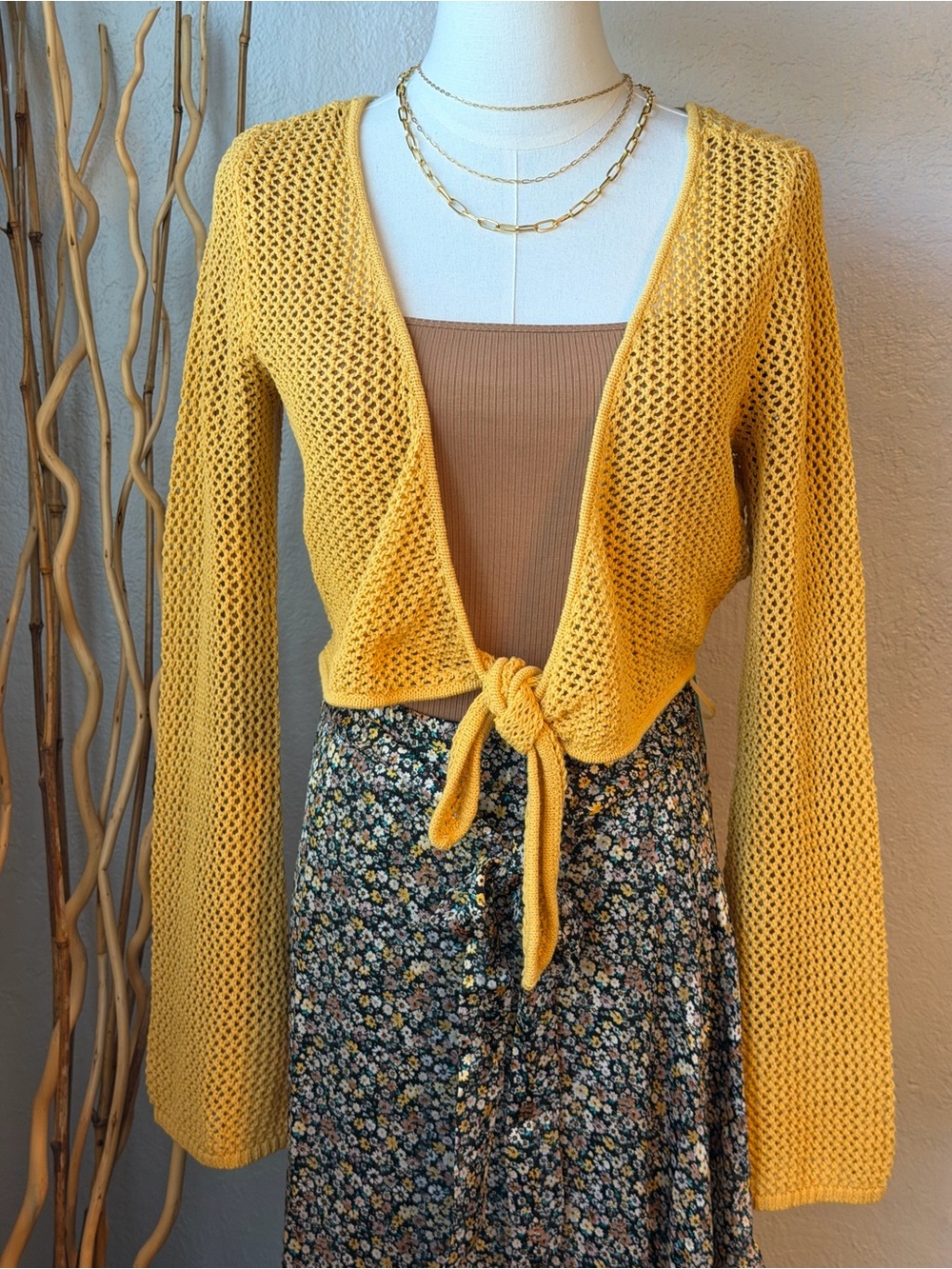99~ L*Space Mustard Yellow Open-Knit Tie-Front Cardigan NWT Sz Small